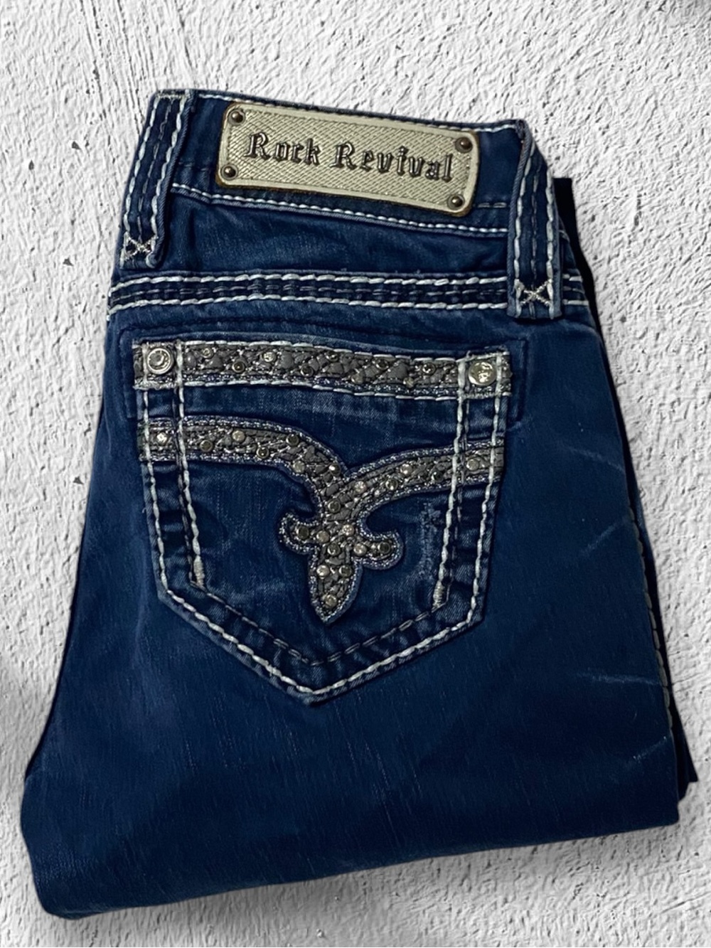 Rock Revival Jeans Sherry Rhinestone Selvedge Skinny Low Rise Dark Blue Size 25